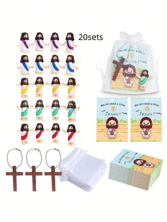 20 Sets Mini Jesus Figurine Gift Bulk - 80 Pcs Religious Party Favors with Crucifix Pendants, Organza Bags, and Prayer Cards