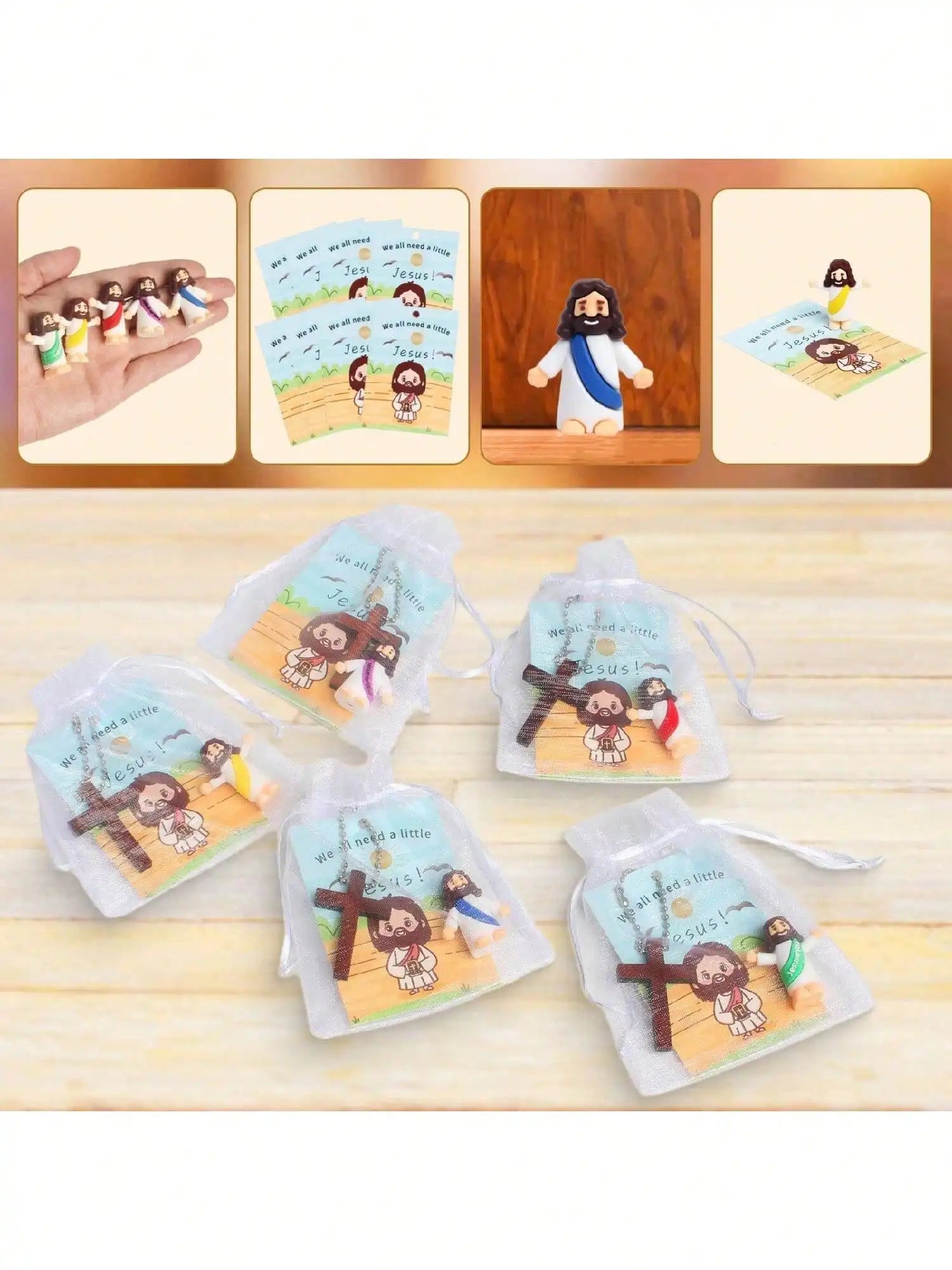20 Sets Mini Jesus Figurine Gift Bulk - 80 Pcs Religious Party Favors with Crucifix Pendants, Organza Bags, and Prayer Cards