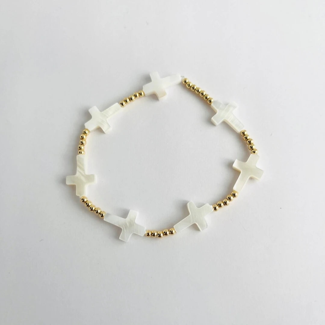 Natural Shell Cross Bracelet - 18K Gold Plated Beaded Stretchy Christian Jewelry for Women - Dainty Religious Gift