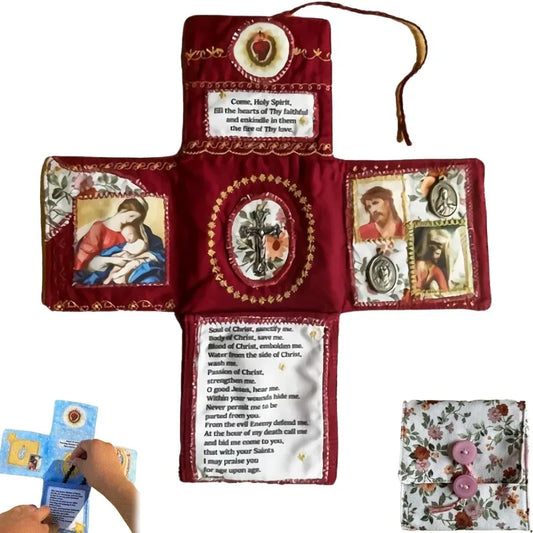 Handmade Cross Pocket Prayer Quilt - Fabric Devotional Pouch with Holy Images