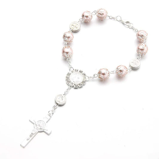 Mini Rosary Baptism Favors - Pearl Finger Rosaries with Multicolor Catholic Cross