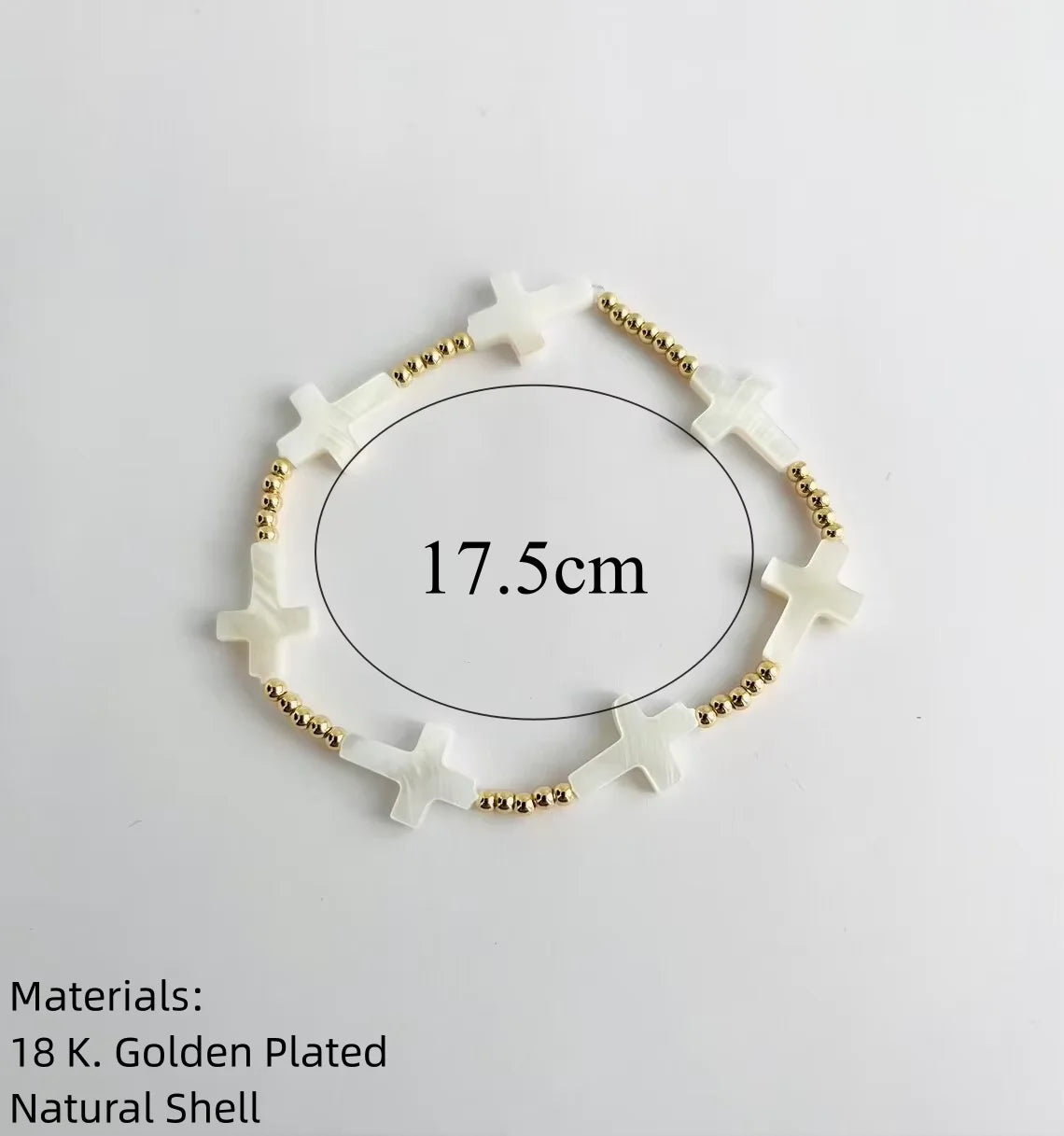 Natural Shell Cross Bracelet - 18K Gold Plated Beaded Stretchy Christian Jewelry for Women - Dainty Religious Gift