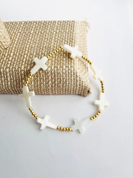 Natural Shell Cross Bracelet - 18K Gold Plated Beaded Stretchy Christian Jewelry for Women - Dainty Religious Gift